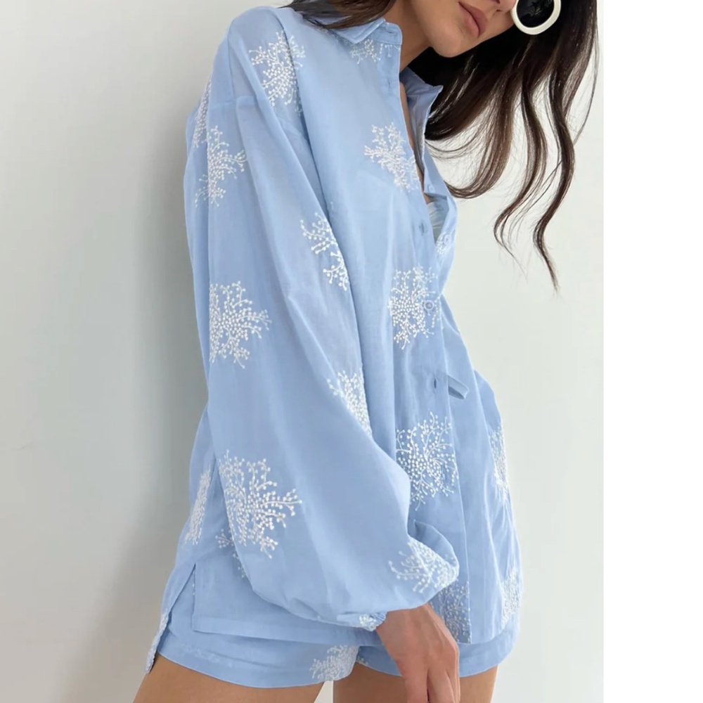 Semi-Sheer Plant Embroidery Casual Shorts Set NWT XS